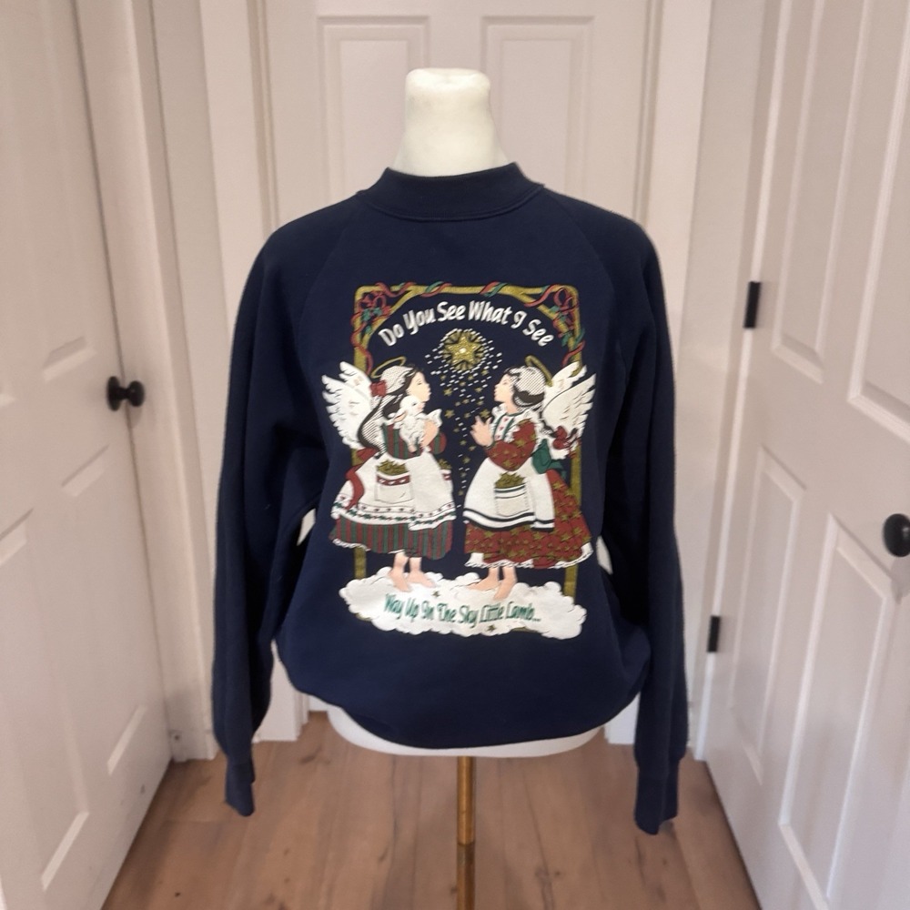 Vtg Ugly Christmas Song Sweatshirt Womens L Navy Americana Country Grannycore